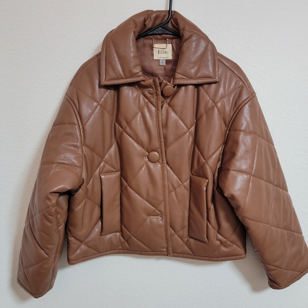Elie Tahari Saddle/Caramel Faux Leather Button Front Quilted Boxy Jacket